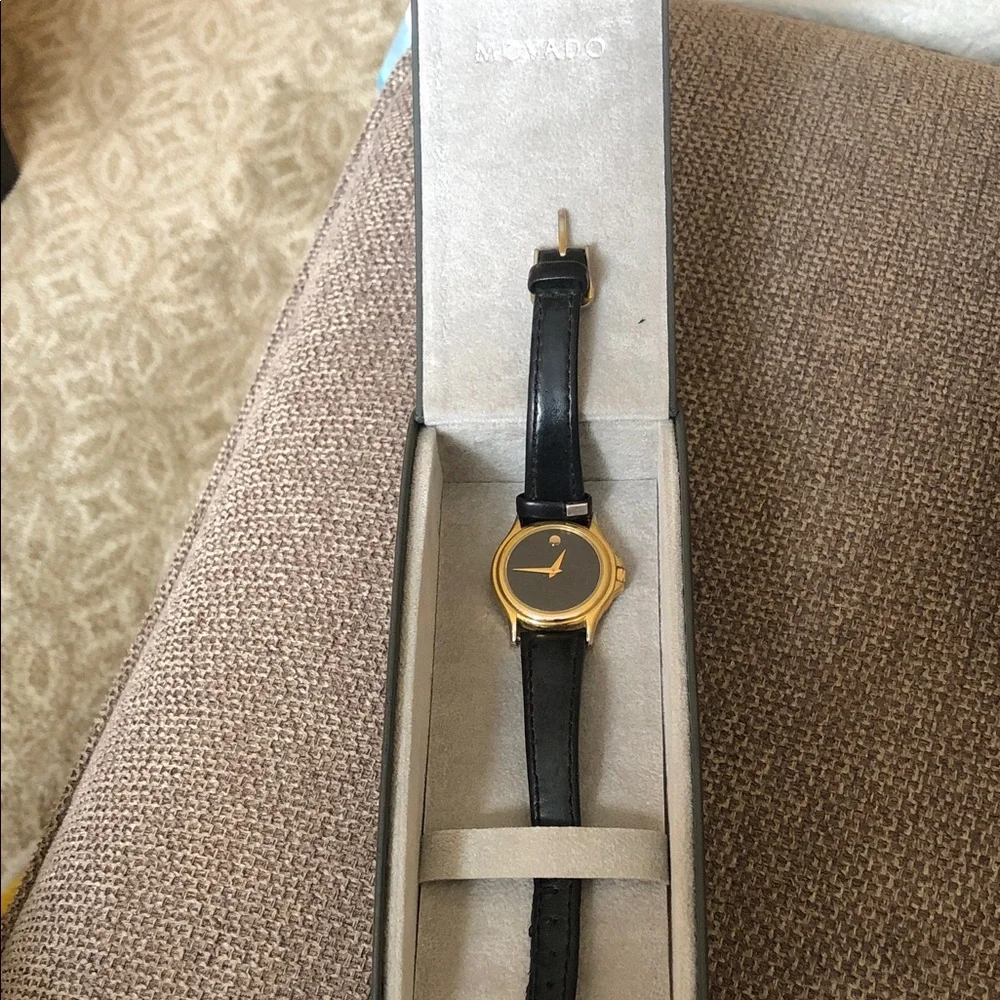 Movado Black Dial Watch with Gold-Tone Case and Black Leather Strap
